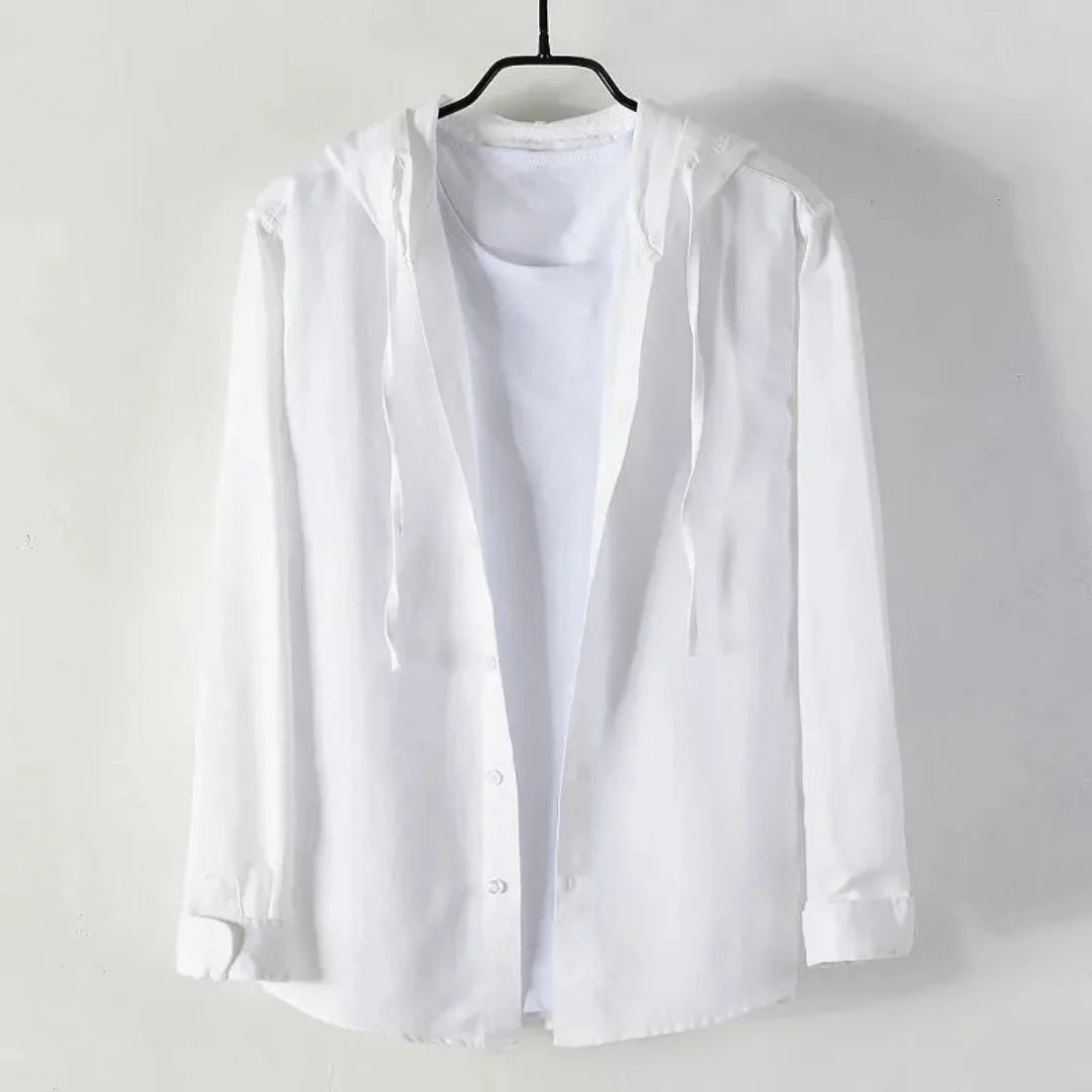 Men's hooded linen shirt with built-in white tee, relaxed casual fit for beach and everyday wear