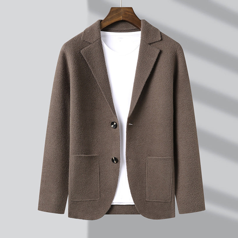 François Blanchet men's classic cardigan refined layering piece with turn-down collar and decorative pockets