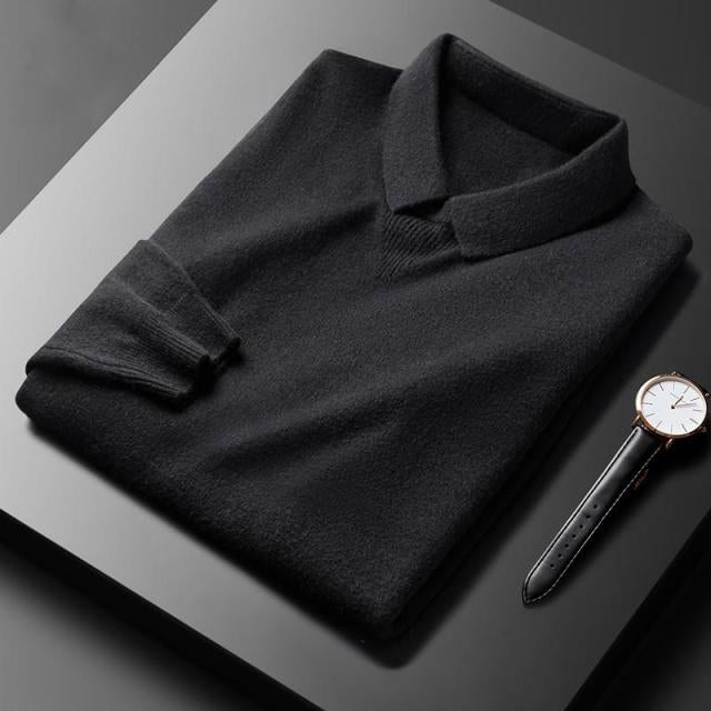 François Blanchet light grey wool blend sweater with turn-down collar, slim fit lightweight knit