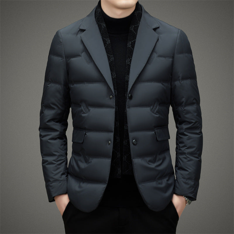 François Blanchet white duck down executive jacket sleek lapel breathable polyester blend