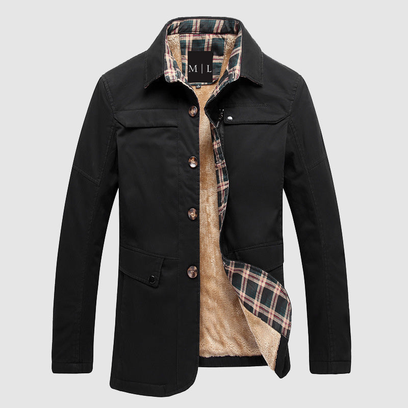 Men's fleece-lined mid-length jacket regular fit versatile outerwear with button front pockets