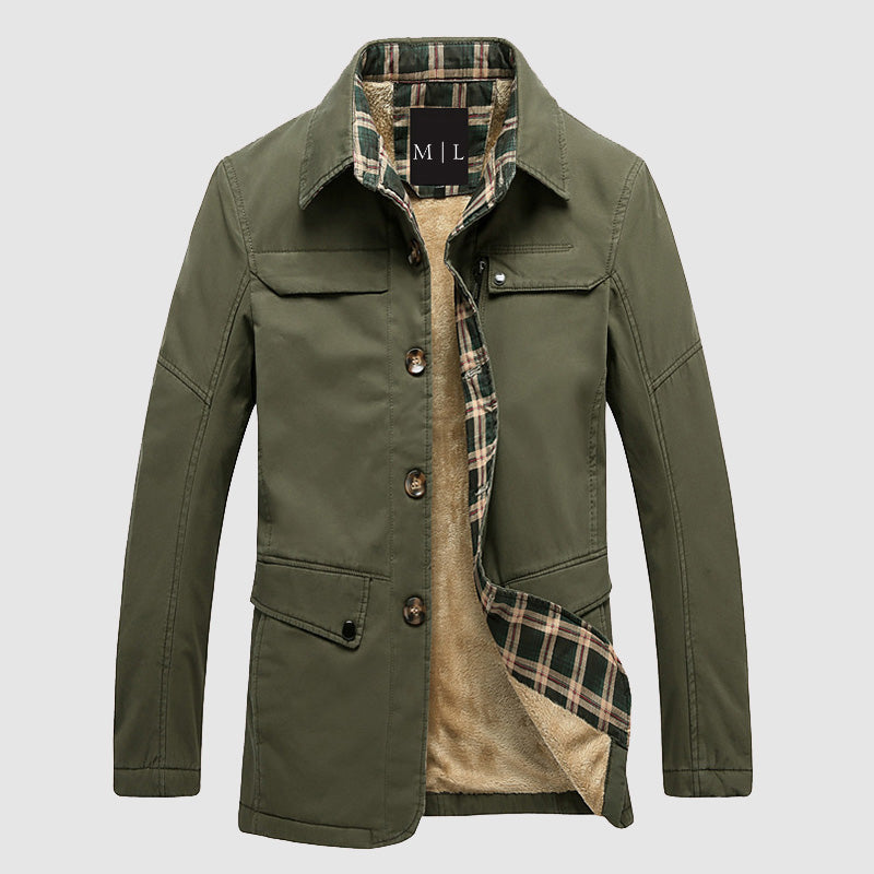 Men's fleece-lined mid-length jacket regular fit versatile outerwear with button front pockets