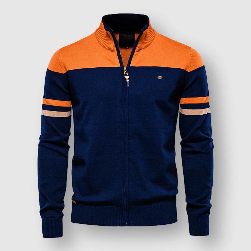 Men's navy blue François Blanchet Hamptons cardigan with color-blocked contrast stripe sleeves