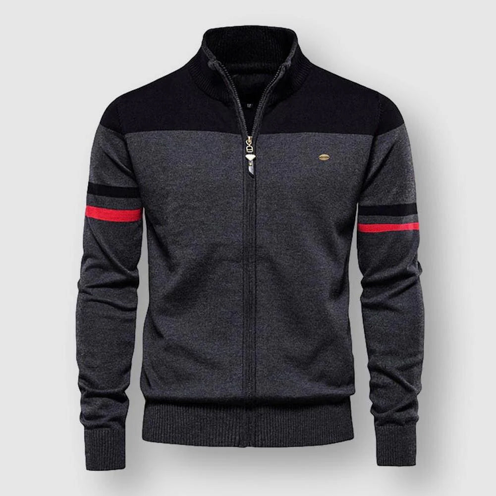 Men's navy blue François Blanchet Hamptons cardigan with color-blocked contrast sleeve stripes
