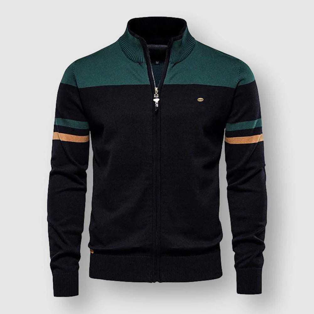 Men's navy blue François Blanchet Hamptons cardigan with premium color-blocked contrasting sleeve stripes