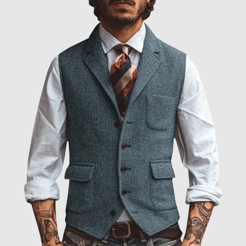 François Blanchet slim fit herringbone vest in neutral tones, tailored for grooms and formal events