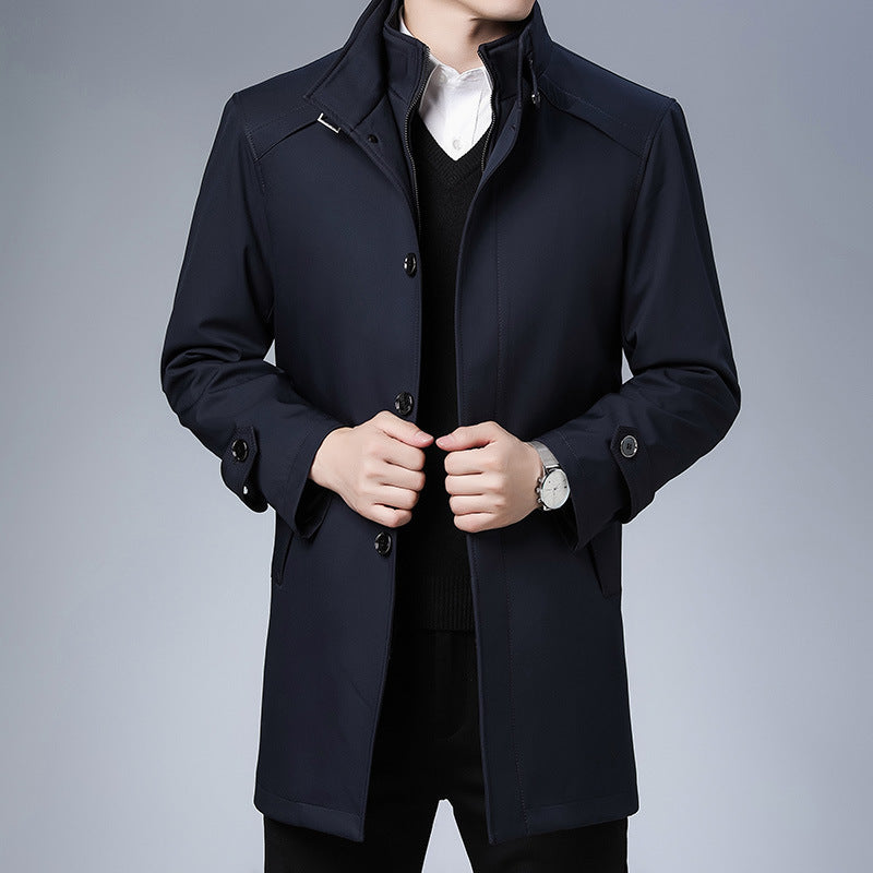 Men's dark business coat stand collar concealed zipper placket no-iron premium polyester slim fit