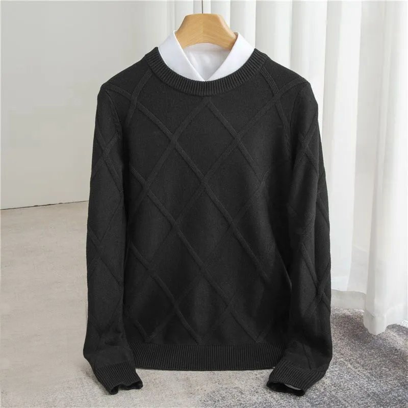 Men's structured ribbed knit crew neck sweater, textured raised ribbing smart casual fit