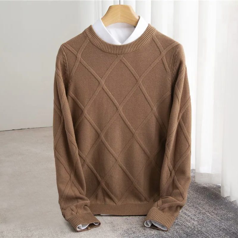 Men's structured ribbed knit crew neck sweater, textured raised pattern for smart casual wear