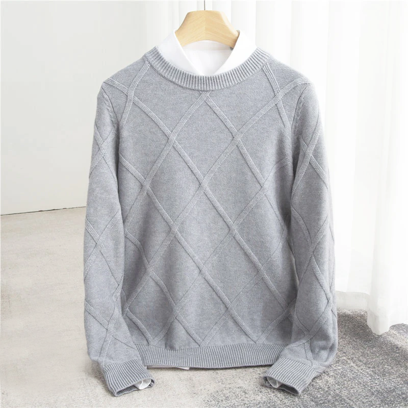 Men's structured ribbed knit crew neck sweater, textured raised ribbing smart casual everyday style