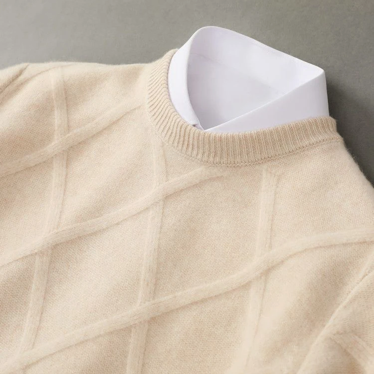 Men's structured ribbed knit crew neck sweater, textured raised ribbing smart casual fit