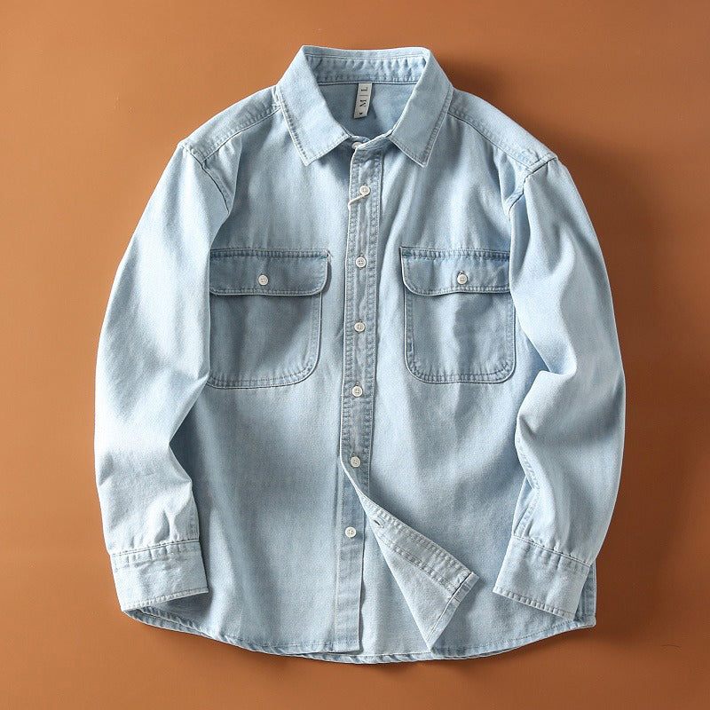 Retro blue denim shirt relaxed fit with lapel collar and classic vintage button detailing