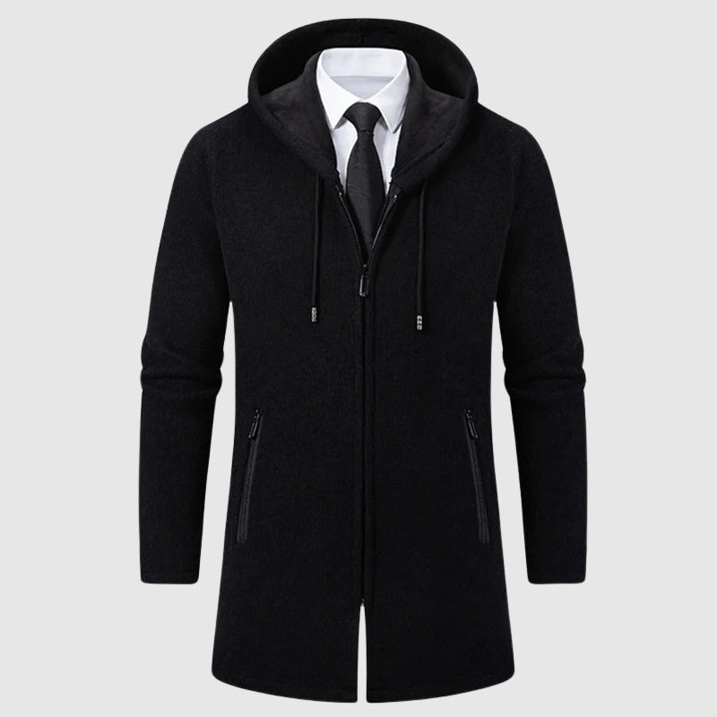 Rustic hooded fleece knit cardigan coat relaxed fit full-length zipper vintage-inspired warm solid color