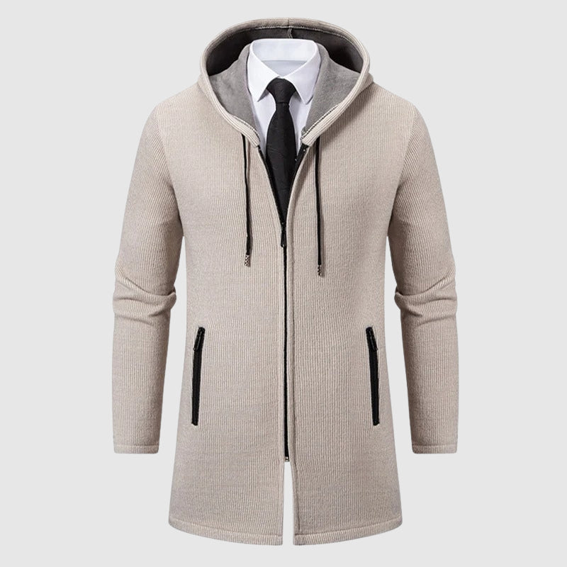 Rustic hooded fleece knit cardigan coat relaxed fit full-length zipper vintage-inspired cold weather