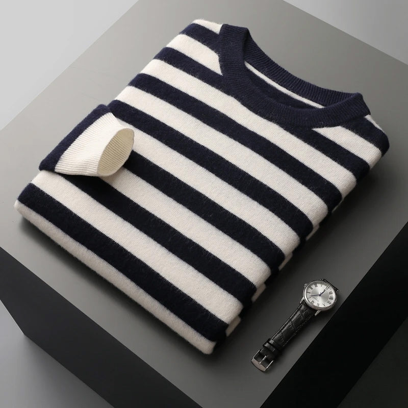 François Blanchet striped cashmere sweater, classic O-neck knit in multicolor stripes, lightweight premium soft fit