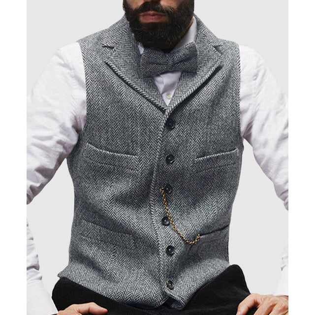Men's charcoal wool-texture tailored fit vest with classic silhouette, formal sleeveless design for professionals