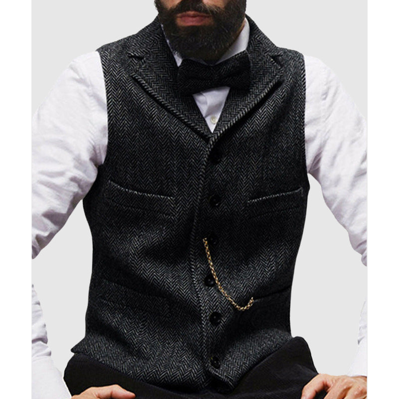 Men's charcoal wool-texture tailored fit vest with classic silhouette for formal professional style
