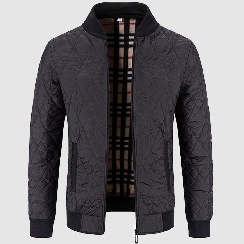 Men's black quilted bomber jacket with zipper stand-up collar, slim modern silhouette