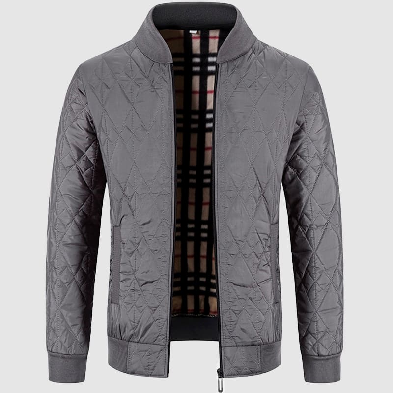 Men's black quilted bomber jacket with zipper stand-up collar for versatile winter wear