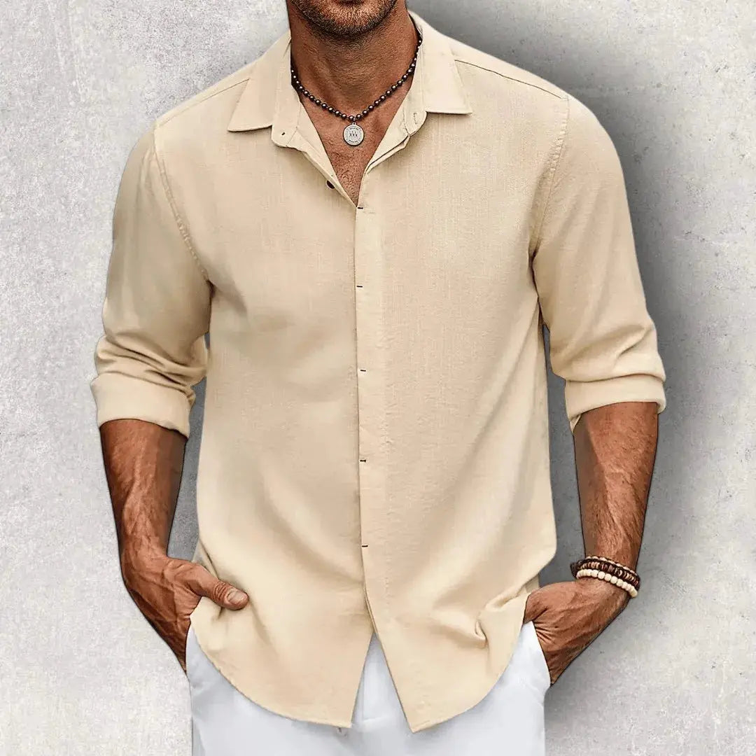 Frank Caruso slim fit white cotton-linen shirt classic spread collar breathable modern silhouette