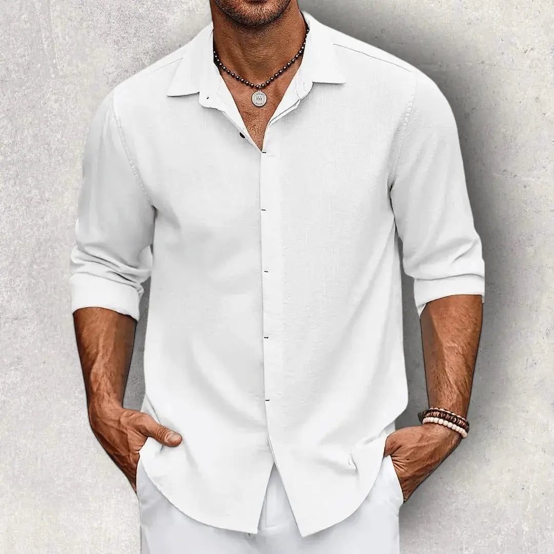 Frank Caruso slim fit white linen cotton blend dress shirt classic spread collar