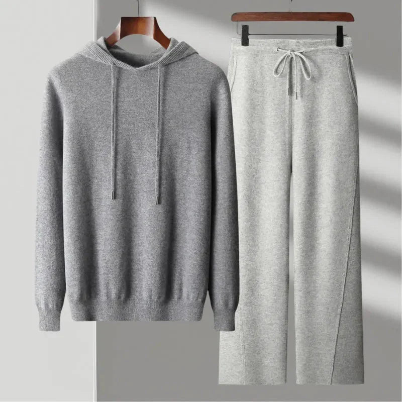 Heather gray merino wool hoodie and jogger set, relaxed modern fit, moisture-wicking itch-free loungewear