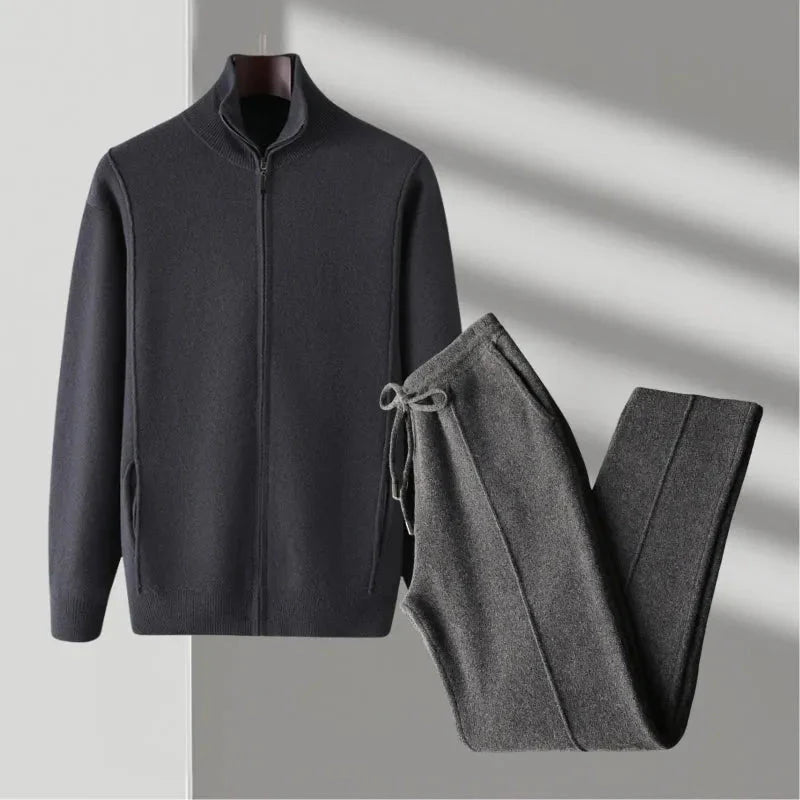 Heather gray merino wool zip jacket and drawstring pants set with ribbed trim, relaxed fit