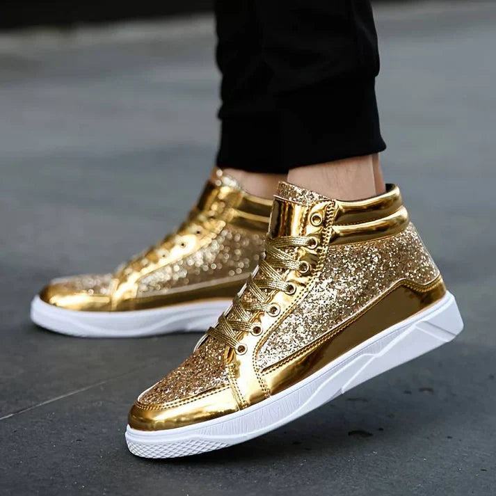 Men's bold glitter dress shoes in sparkling finish, eye-catching glamour with all-day comfort design