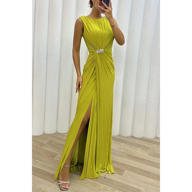 Valentina yellow-green maxi evening gown with flowing silhouette, vibrant hue for special occasions