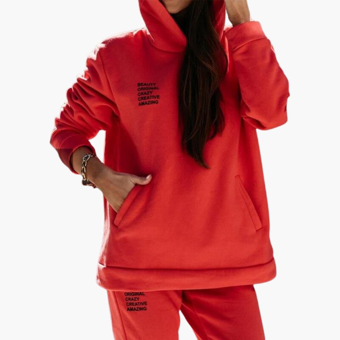 Women's athleisure tracksuit set hoodie drawstring kangaroo pocket elastic waistband cozy active fit