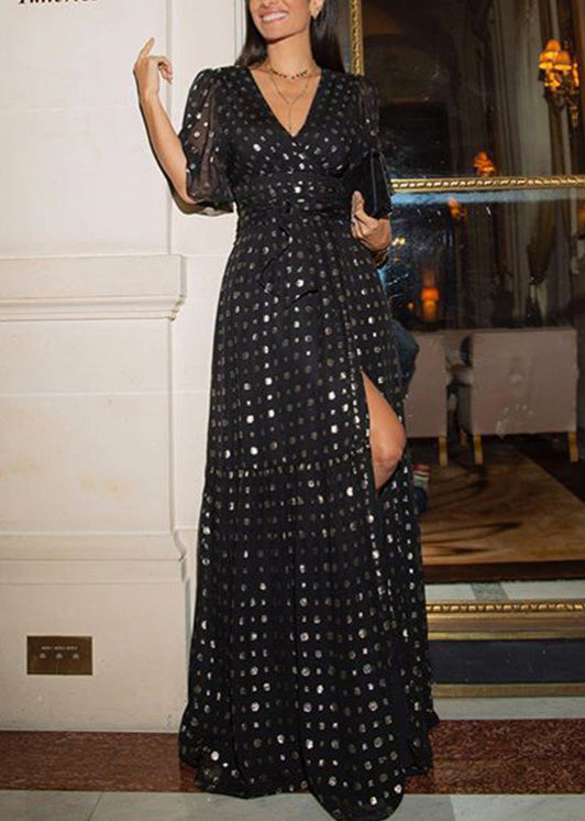 Robe de soirée en mousseline de soie noire à col en V et ourlet extra large pour l'été - Urbann-Vibe