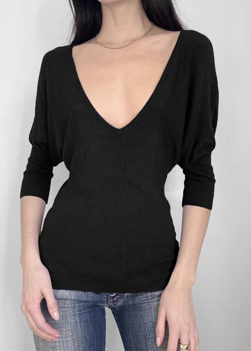 Chemise en tricot noire française à col en V et manches chauve-souris - Urbann-Vibe