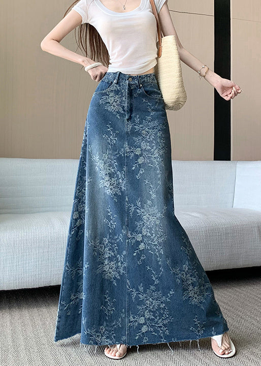 Jupes en jean bleu français taille haute avec poches brodées pour l'automne - Urbann-Vibe