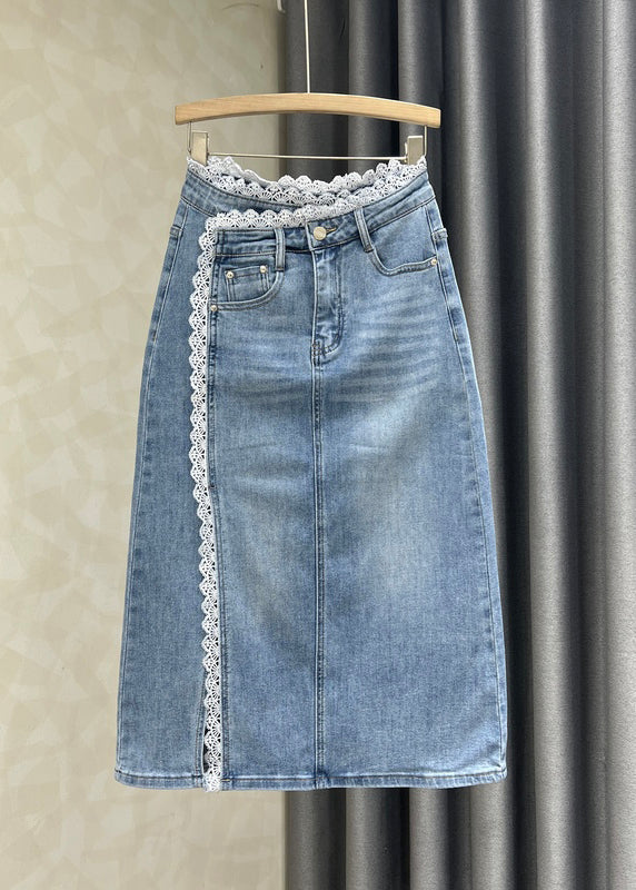 Jupes en jean patchwork en dentelle bleue française ouvertes sur le côté pour l'automne - Urbann-Vibe