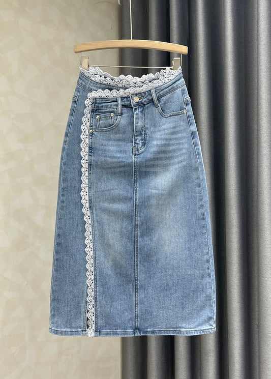 Jupes en jean patchwork en dentelle bleue française ouvertes sur le côté pour l'automne - Urbann-Vibe