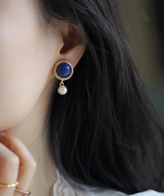 Boucles d'oreilles à tige en alliage d'argent sterling et perles bleues françaises - Urbann-Vibe
