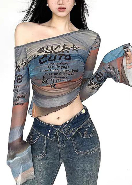 T-shirt français en tulle imprimé à épaules dénudées et manches évasées - Urbann-Vibe