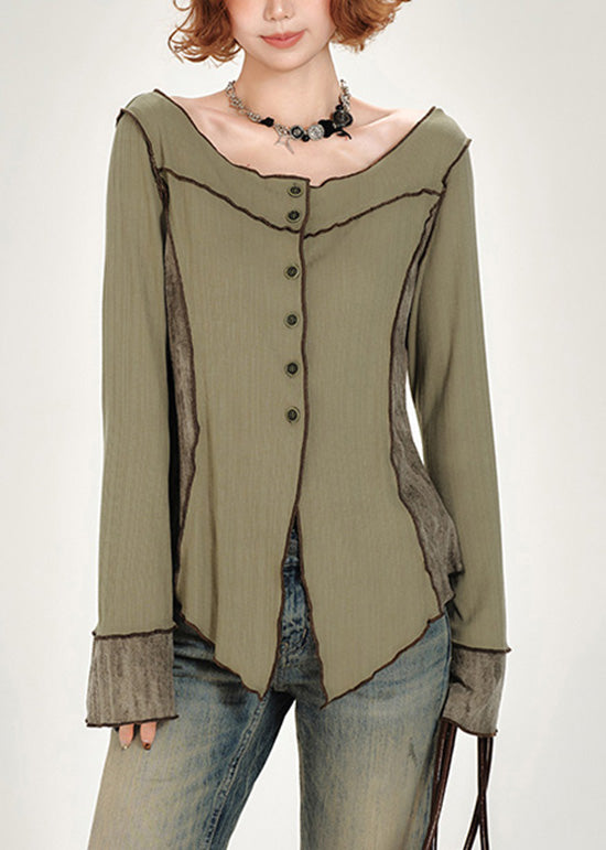 Top en coton patchwork vert français à col bateau et boutons, automne - Urbann-Vibe