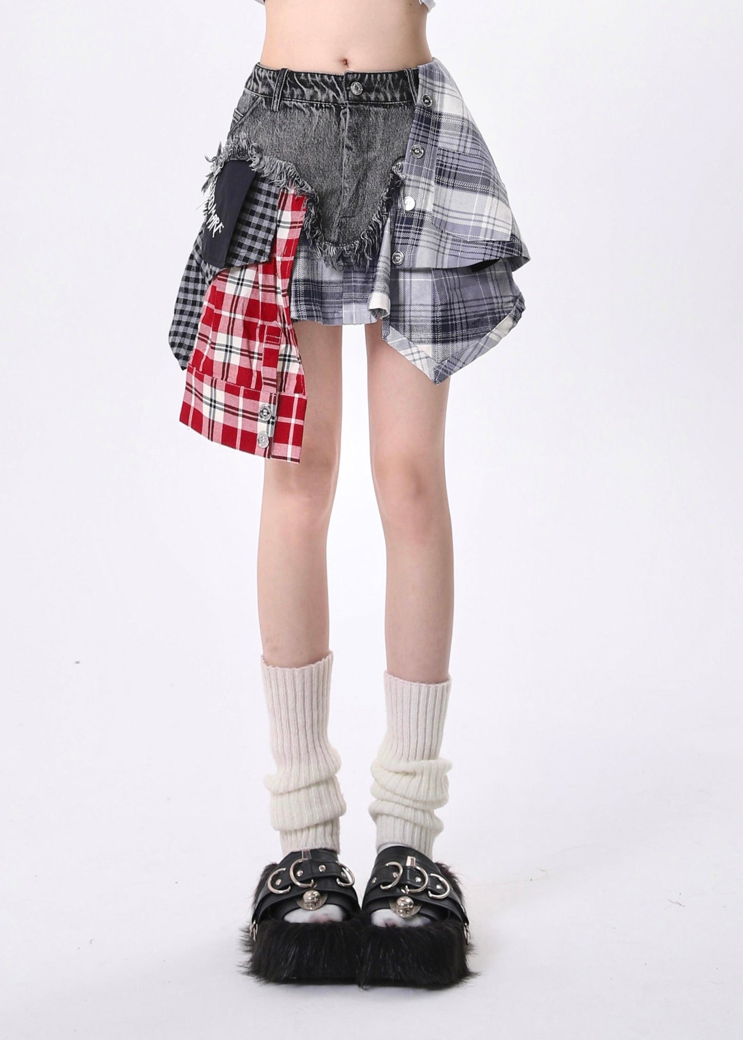 Jupe courte en jean patchwork asymétrique gris français pour l'été - Urbann-Vibe