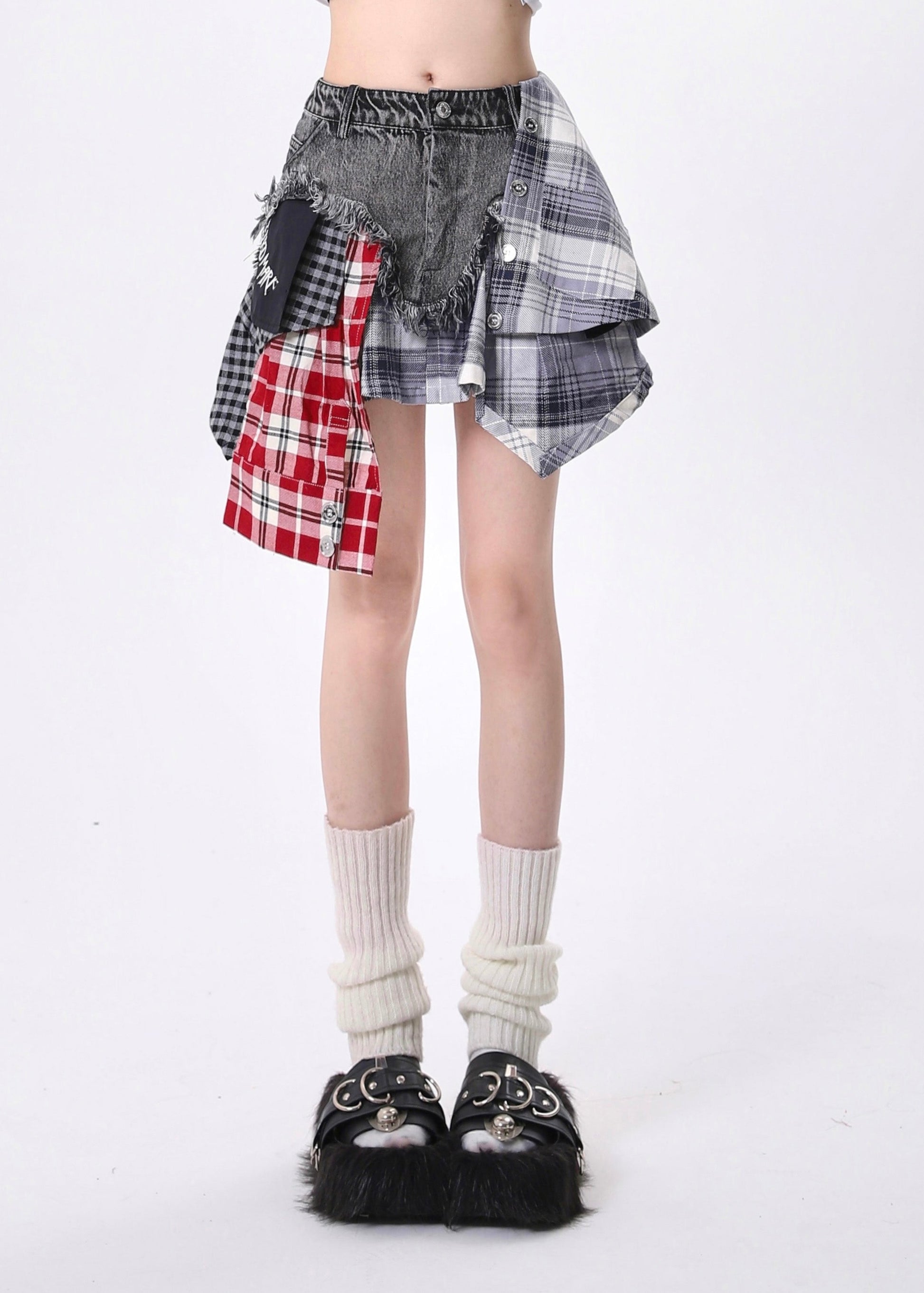 Jupe courte en jean patchwork asymétrique gris français pour l'été - Urbann-Vibe