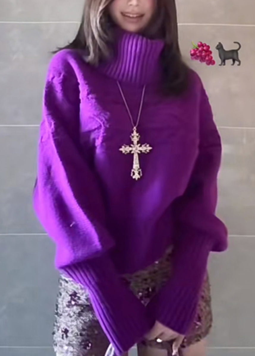 Pulls en maille épaisse violets à col montant pour le printemps - Urbann-Vibe