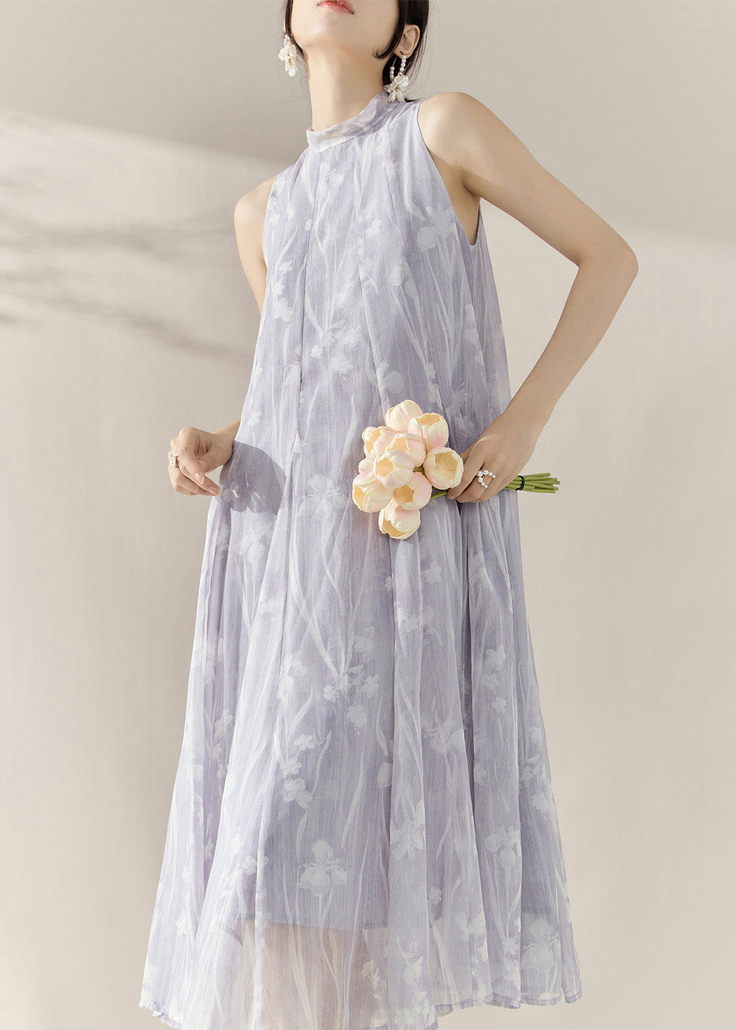 Robe longue d'été en tulle violet à col roulé et imprimé - Urbann-Vibe
