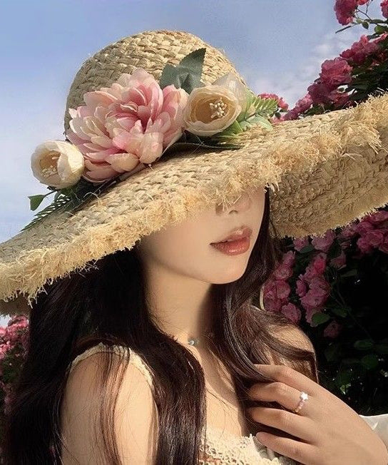 Chapeau de soleil de vacances à large bord en paille tissée à fleurs beige de style français - Urbann-Vibe