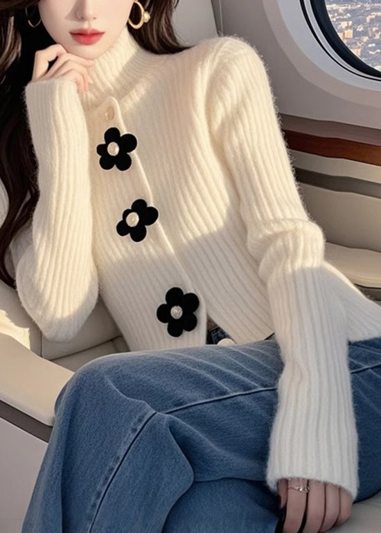 Pull en maille florale blanc à col montant, haut de printemps - Urbann-Vibe