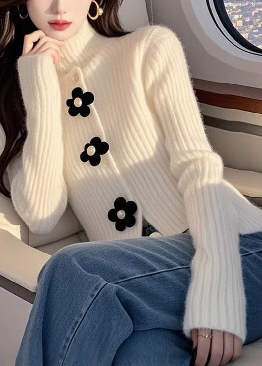 Pull en maille florale blanc à col montant, haut de printemps - Urbann-Vibe