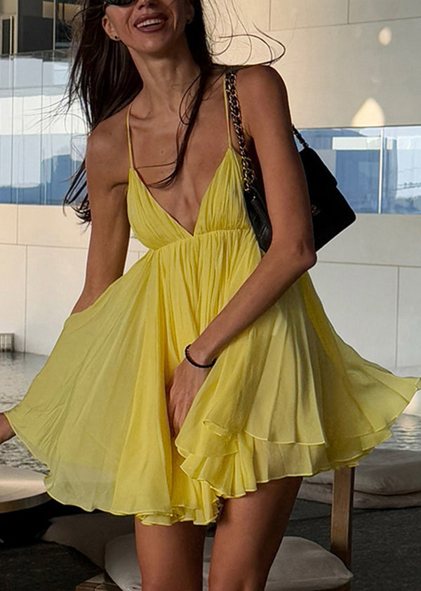 Robe jaune française dos nu à bretelles spaghetti pour l'été - Urbann-Vibe