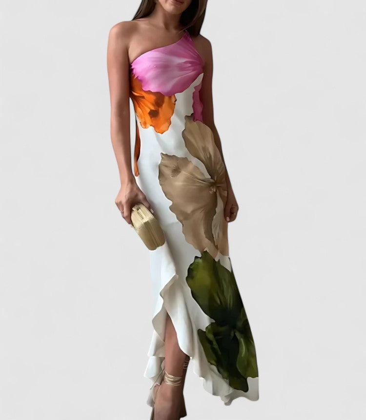 Women's silk-look fitted maxi evening dress with asymmetric neckline and patchwork detail