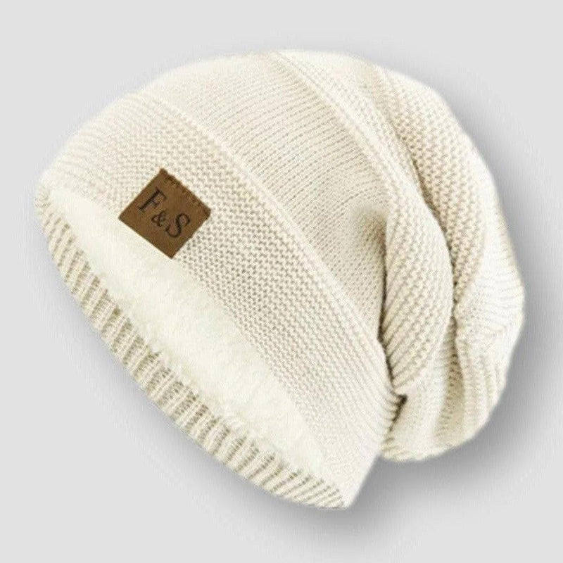 Frost & Stitch unisex slouchy knit beanie with ultra-plush fleece lining and leather patch winter hat