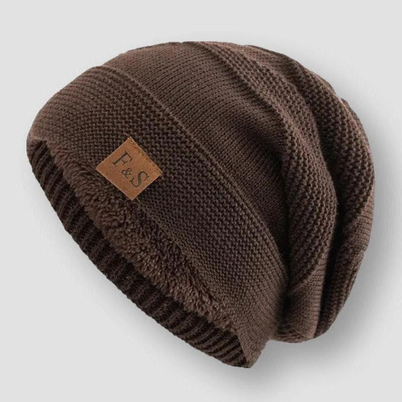 Frost & Stitch wool-blend knit beanie fleece-lined relaxed slouch fit unisex winter hat with leather patch