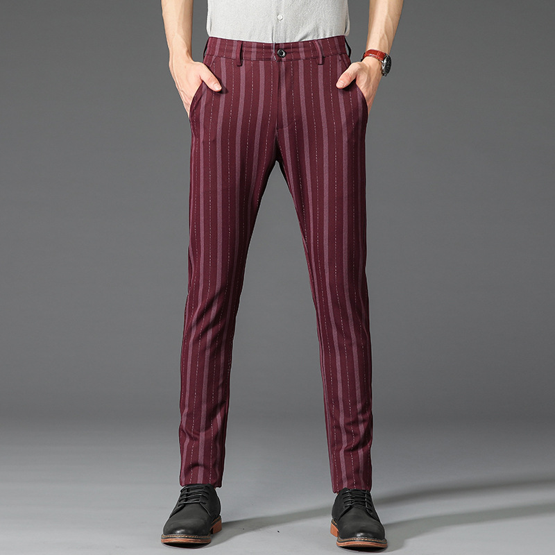 Men's slim fit pinstripe trousers in classic vertical stripe pattern for office and evening wear